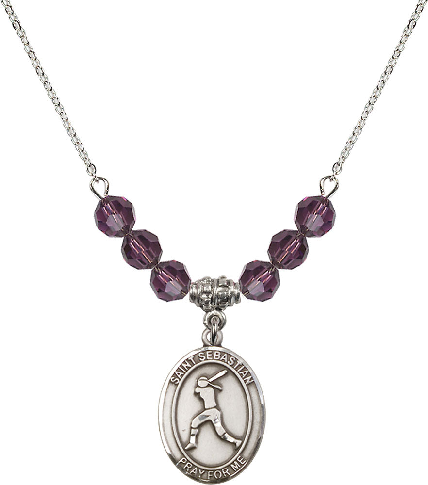 Sterling Silver Saint Sebastian / Softball Birthstone Necklace with Amethyst Beads - 8183