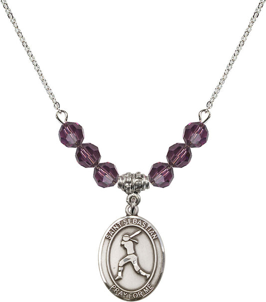 Sterling Silver Saint Sebastian / Softball Birthstone Necklace with Amethyst Beads - 8183