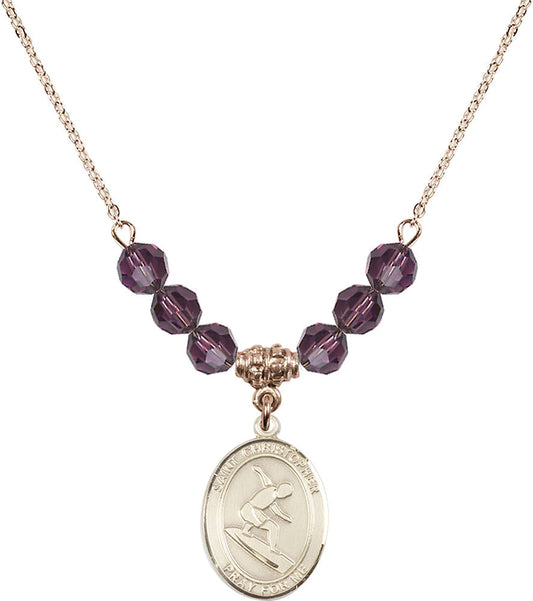14kt Gold Filled Saint Christopher/Surfing Birthstone Necklace with Amethyst Beads - 8184