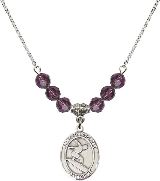Sterling Silver Saint Christopher/Surfing Birthstone Necklace with Amethyst Beads - 8184