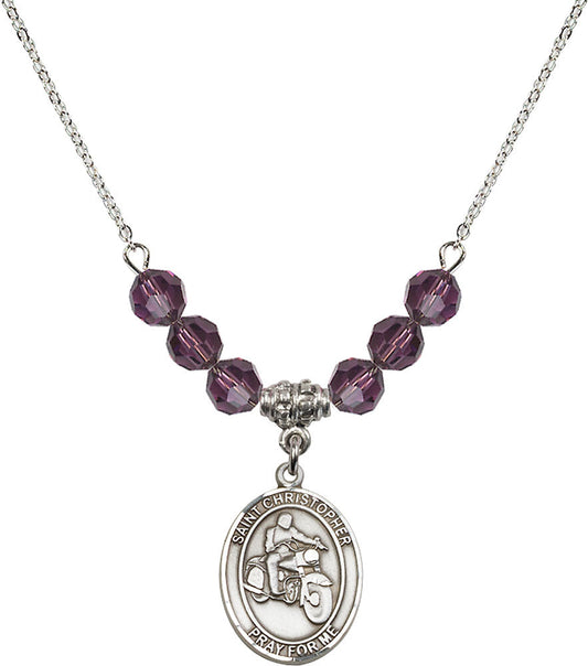 Sterling Silver Saint Christopher/Motorcycle Birthstone Necklace with Amethyst Beads - 8185