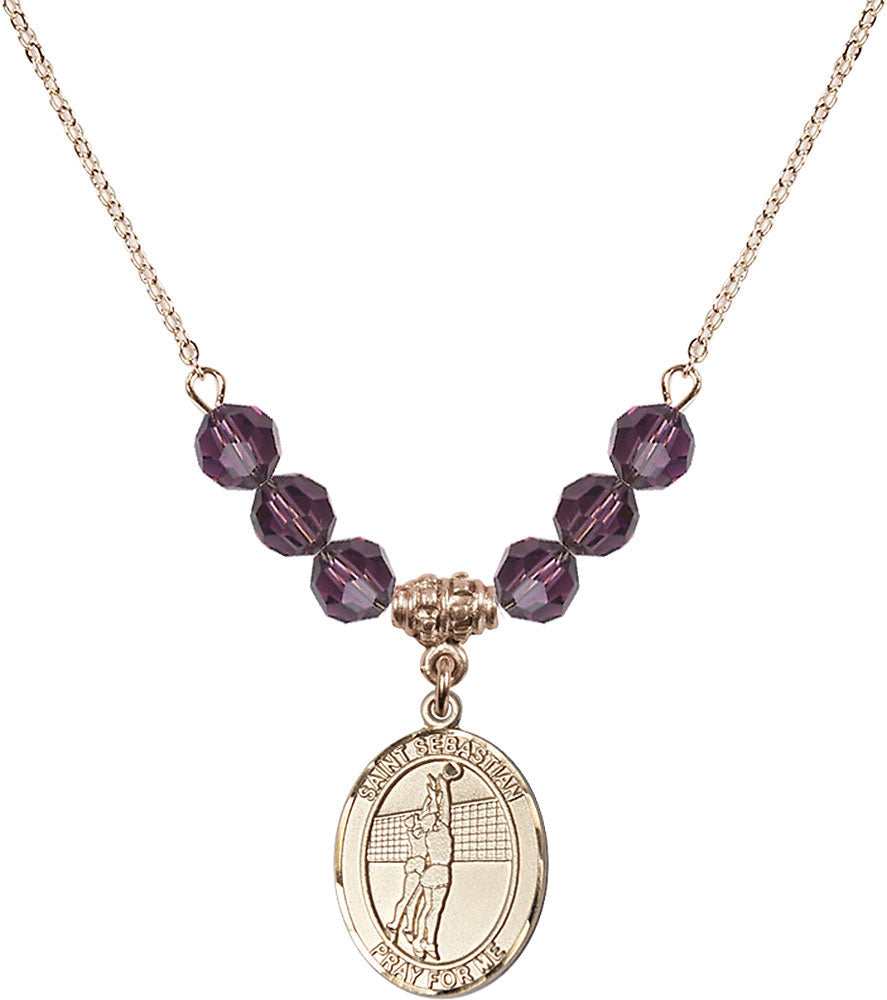 14kt Gold Filled Saint Sebastian / Volleyball Birthstone Necklace with Amethyst Beads - 8186