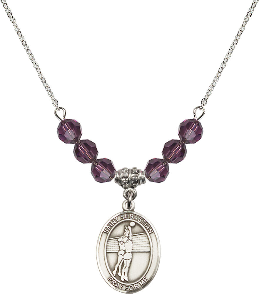 Sterling Silver Saint Sebastian / Volleyball Birthstone Necklace with Amethyst Beads - 8186