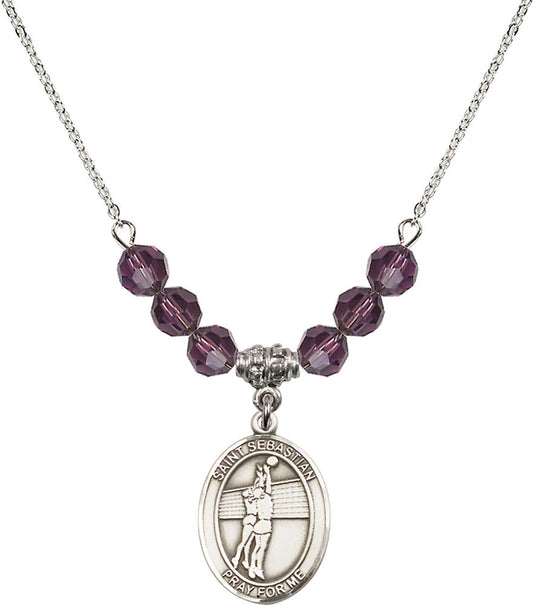 Sterling Silver Saint Sebastian / Volleyball Birthstone Necklace with Amethyst Beads - 8186
