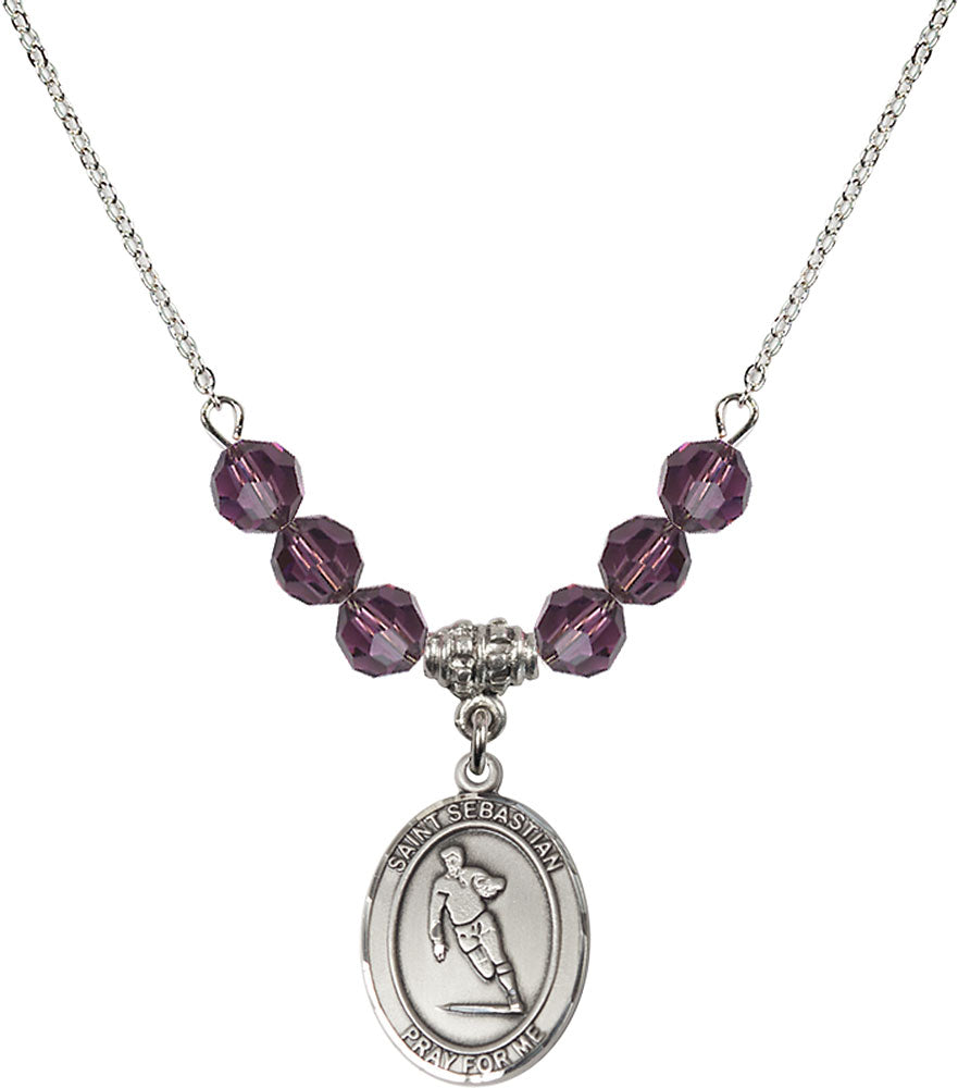 Sterling Silver Saint Sebastian / Rugby Birthstone Necklace with Amethyst Beads - 8187