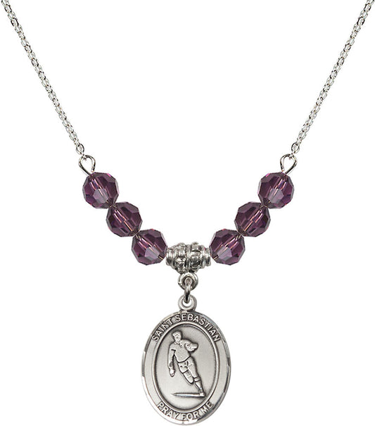 Sterling Silver Saint Sebastian / Rugby Birthstone Necklace with Amethyst Beads - 8187