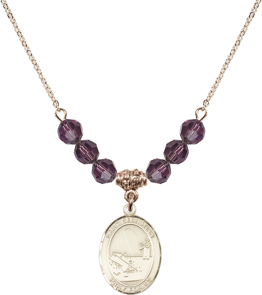 14kt Gold Filled Saint Sebastian / Fishing Birthstone Necklace with Amethyst Beads - 8188