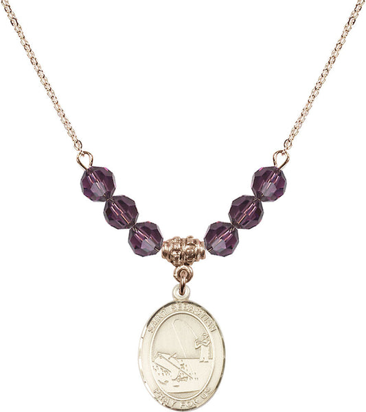 14kt Gold Filled Saint Sebastian / Fishing Birthstone Necklace with Amethyst Beads - 8188