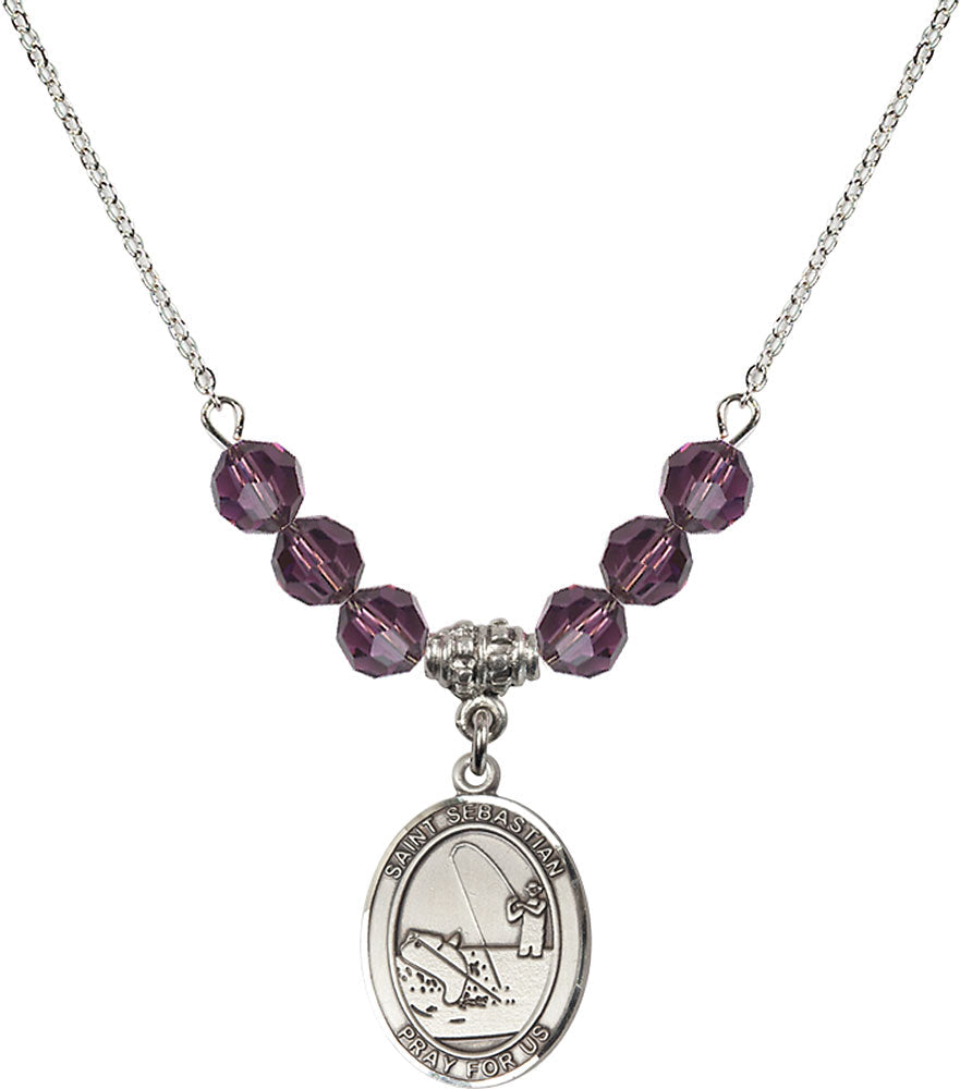 Sterling Silver Saint Sebastian / Fishing Birthstone Necklace with Amethyst Beads - 8188