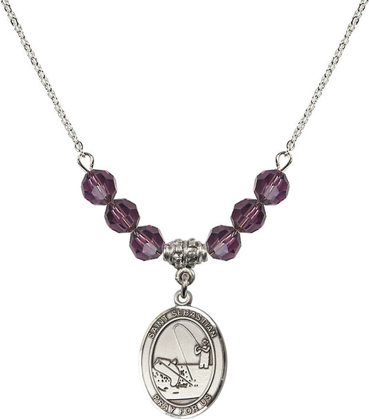 Sterling Silver Saint Sebastian / Fishing Birthstone Necklace with Amethyst Beads - 8188
