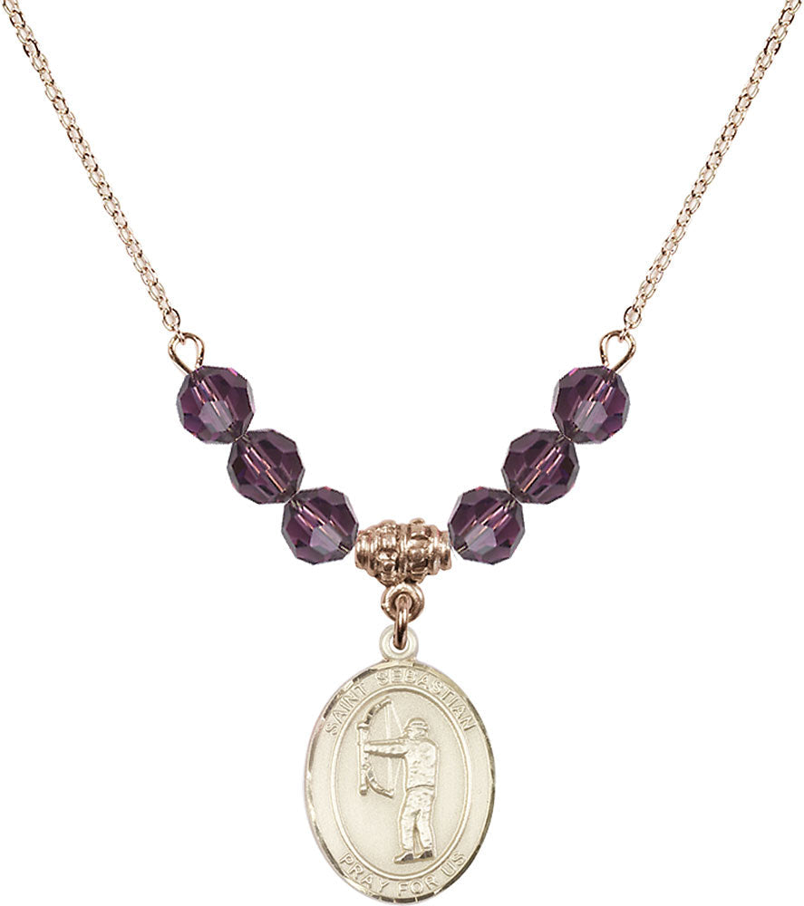 14kt Gold Filled Saint Sebastian / Archery Birthstone Necklace with Amethyst Beads - 8189