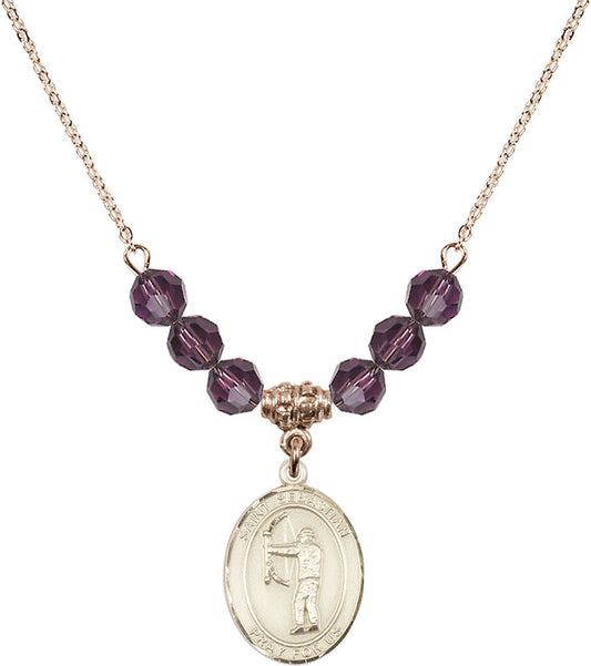 14kt Gold Filled Saint Sebastian / Archery Birthstone Necklace with Amethyst Beads - 8189