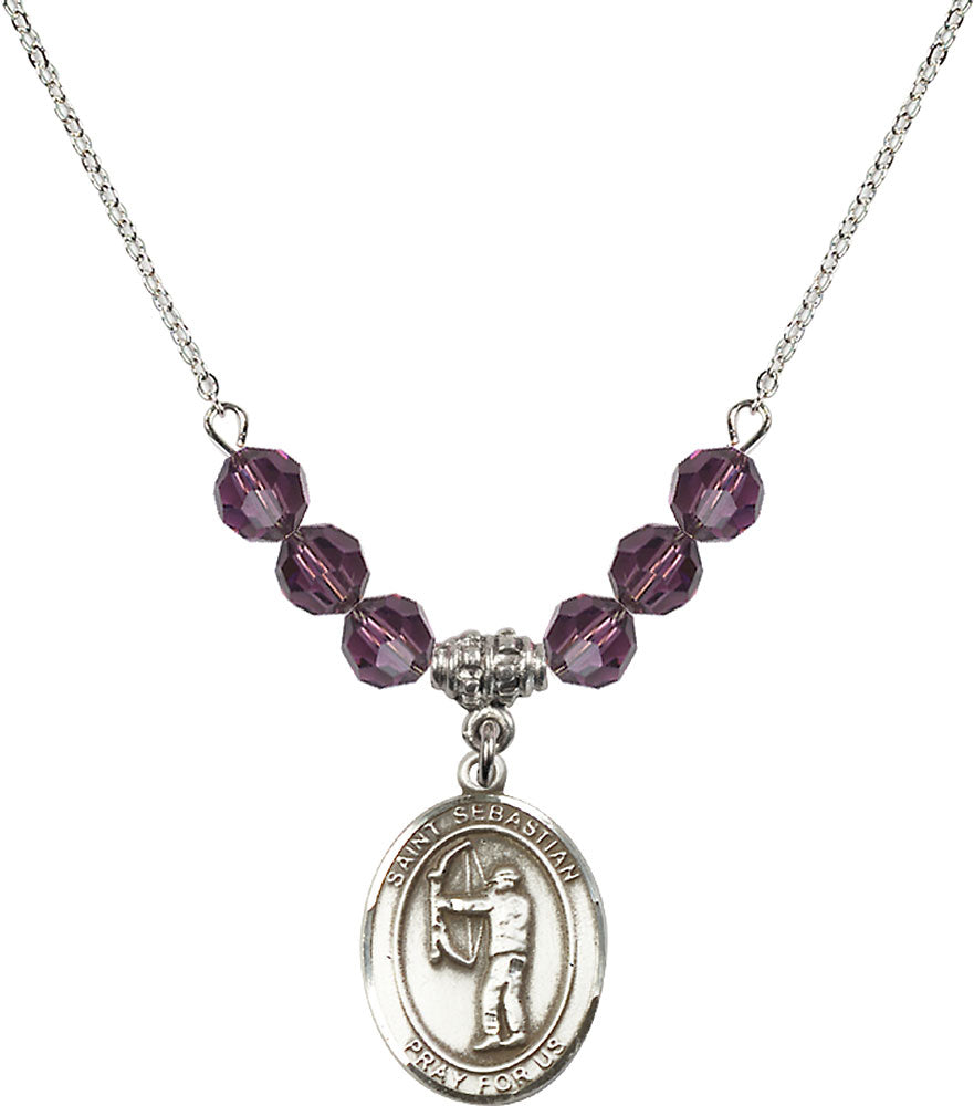 Sterling Silver Saint Sebastian / Archery Birthstone Necklace with Amethyst Beads - 8189