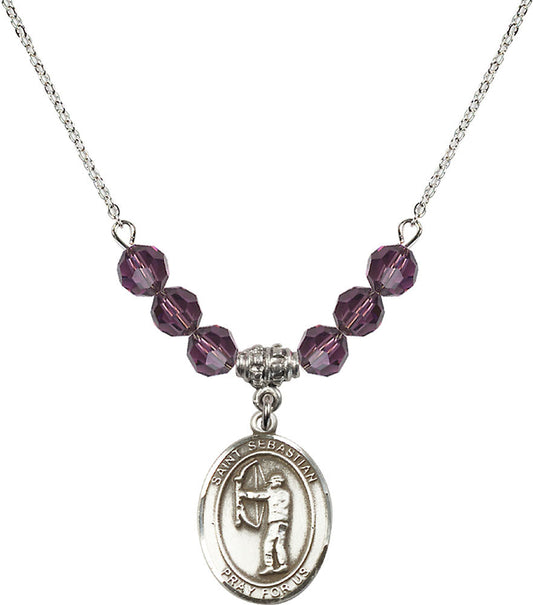 Sterling Silver Saint Sebastian / Archery Birthstone Necklace with Amethyst Beads - 8189