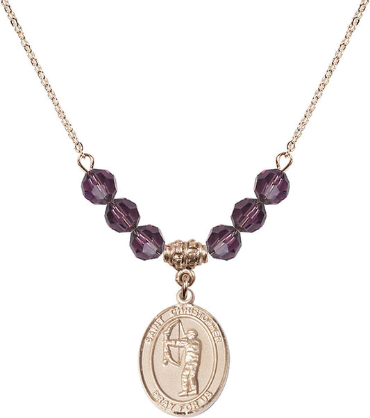 14kt Gold Filled Saint Christopher/Archery Birthstone Necklace with Amethyst Beads - 8190