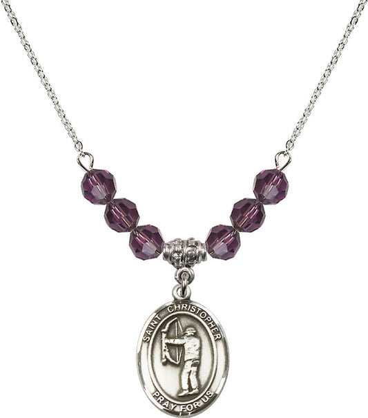 Sterling Silver Saint Christopher/Archery Birthstone Necklace with Amethyst Beads - 8190