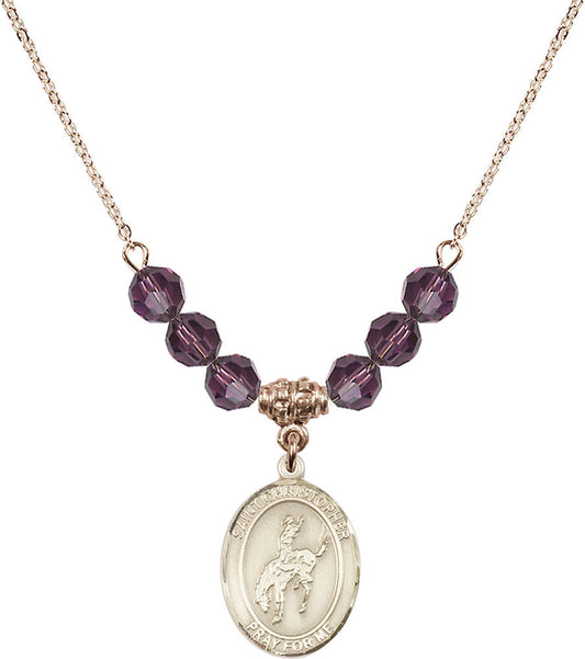 14kt Gold Filled Saint Christopher / Rodeo Birthstone Necklace with Amethyst Beads - 8192