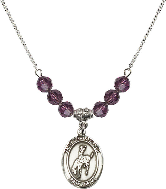 Sterling Silver Saint Christopher / Rodeo Birthstone Necklace with Amethyst Beads - 8192