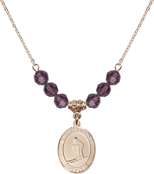 14kt Gold Filled Saint Christopher / Skiing Birthstone Necklace with Amethyst Beads - 8193