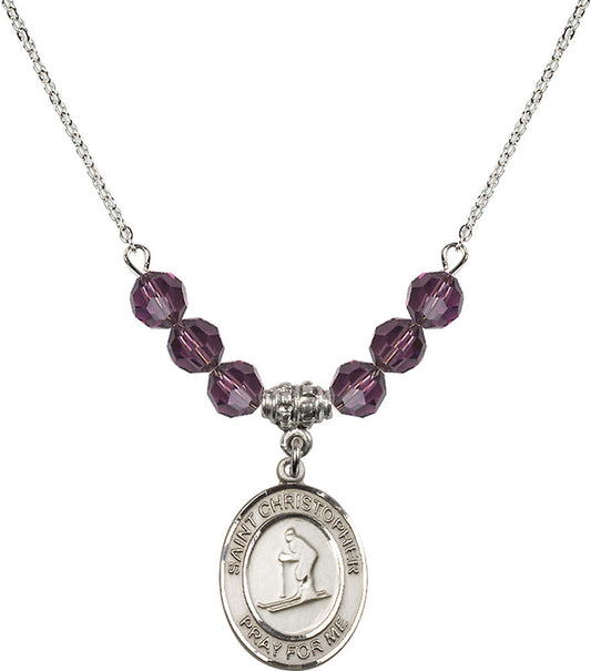 Sterling Silver Saint Christopher / Skiing Birthstone Necklace with Amethyst Beads - 8193