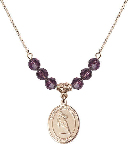14kt Gold Filled Saint Christopher / Rugby Birthstone Necklace with Amethyst Beads - 8194