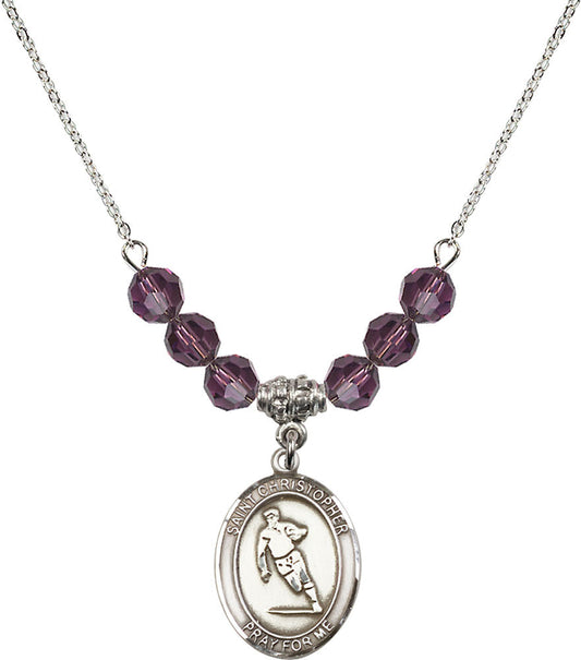 Sterling Silver Saint Christopher / Rugby Birthstone Necklace with Amethyst Beads - 8194