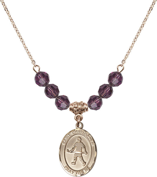 14kt Gold Filled Saint Christopher / Field Hockey Birthstone Necklace with Amethyst Beads - 8195