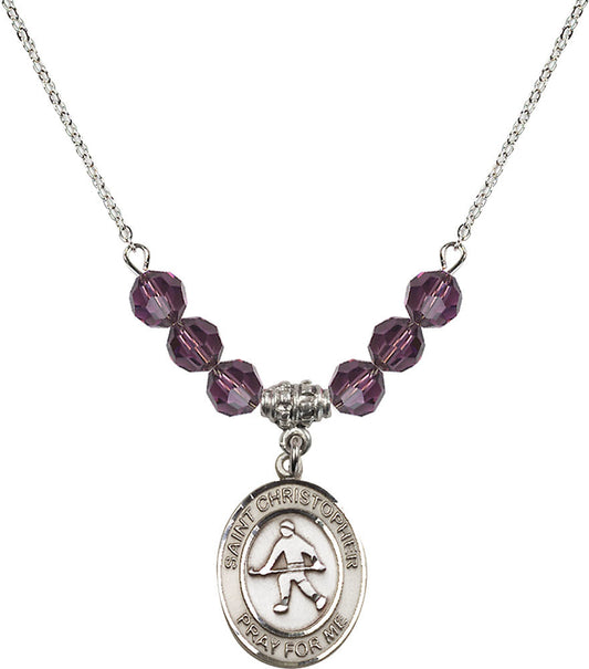 Sterling Silver Saint Christopher / Field Hockey Birthstone Necklace with Amethyst Beads - 8195