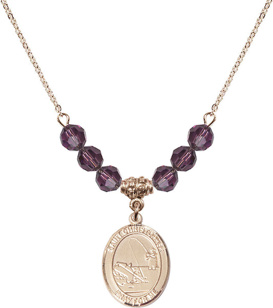 14kt Gold Filled Saint Christopher / Fishing Birthstone Necklace with Amethyst Beads - 8196