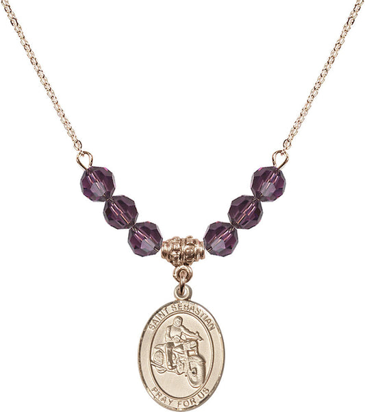 14kt Gold Filled Saint Sebastian / Motorcycle Birthstone Necklace with Amethyst Beads - 8197