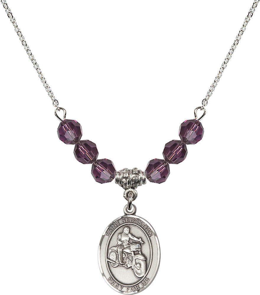 Sterling Silver Saint Sebastian / Motorcycle Birthstone Necklace with Amethyst Beads - 8197