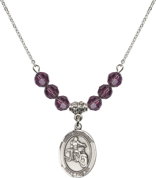 Sterling Silver Saint Sebastian / Motorcycle Birthstone Necklace with Amethyst Beads - 8197