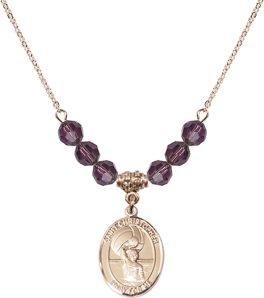 14kt Gold Filled Saint Christopher/Water Polo-Men Birthstone Necklace with Amethyst Beads - 8198
