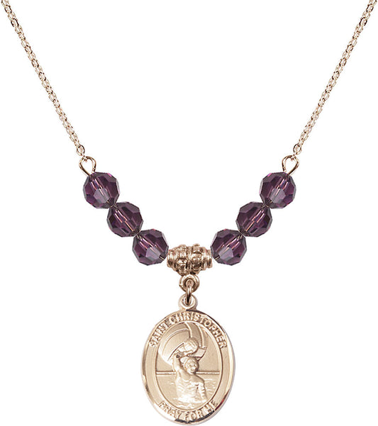 14kt Gold Filled Saint Christopher/Water Polo-Men Birthstone Necklace with Amethyst Beads - 8198