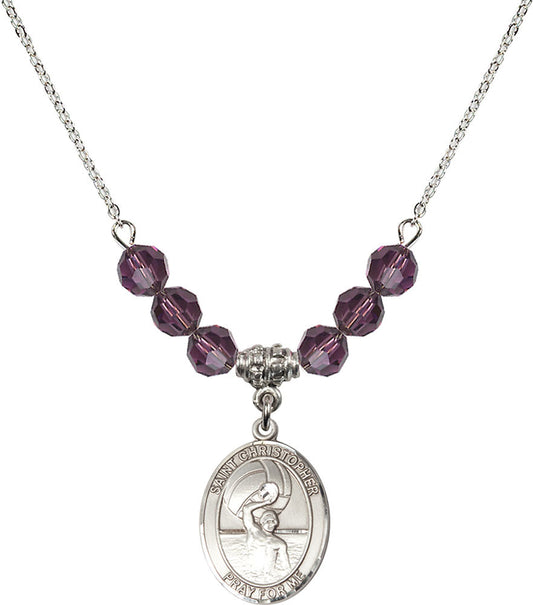 Sterling Silver Saint Christopher/Water Polo-Men Birthstone Necklace with Amethyst Beads - 8198