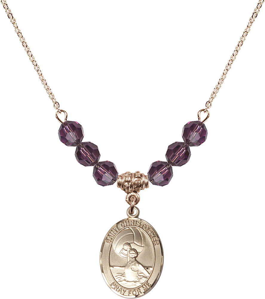 14kt Gold Filled Saint Christopher/Water Polo-Women Birthstone Necklace with Amethyst Beads - 8199