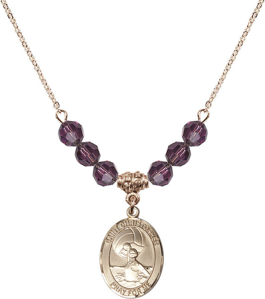 14kt Gold Filled Saint Christopher/Water Polo-Women Birthstone Necklace with Amethyst Beads - 8199