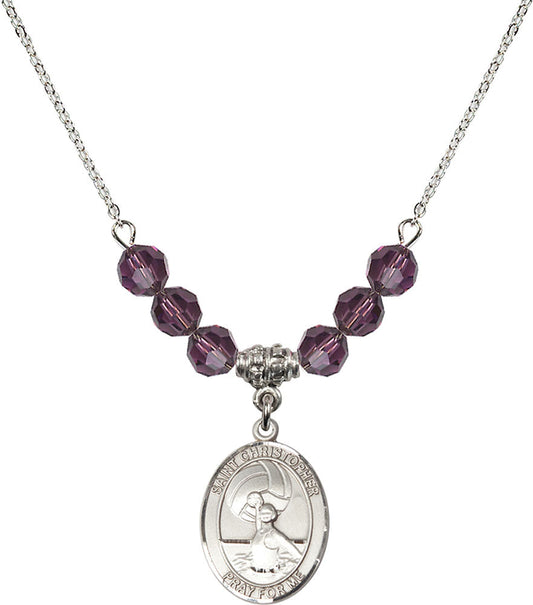 Sterling Silver Saint Christopher/Water Polo-Women Birthstone Necklace with Amethyst Beads - 8199