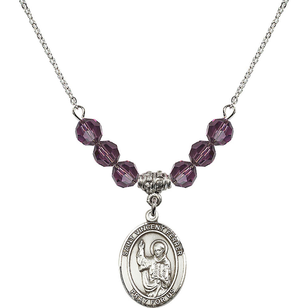 Sterling Silver Saint Vincent Ferrer Birthstone Necklace with Amethyst Beads - 8201