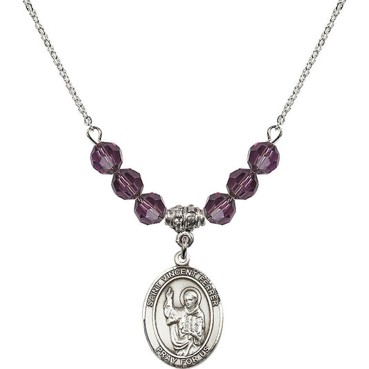 Sterling Silver Saint Vincent Ferrer Birthstone Necklace with Amethyst Beads - 8201