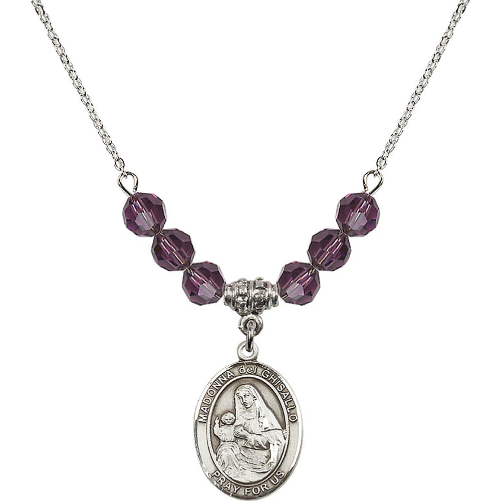 Sterling Silver Madonna del Ghisallo Birthstone Necklace with Amethyst Beads - 8203