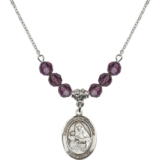 Sterling Silver Madonna del Ghisallo Birthstone Necklace with Amethyst Beads - 8203