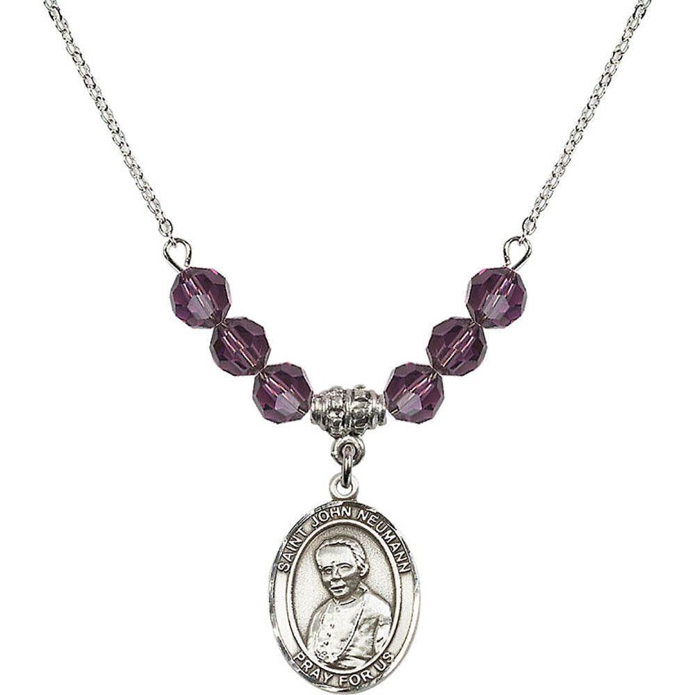 Sterling Silver Saint John Neumann Birthstone Necklace with Amethyst Beads - 8204