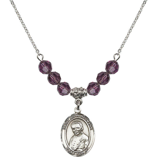 Sterling Silver Saint John Neumann Birthstone Necklace with Amethyst Beads - 8204