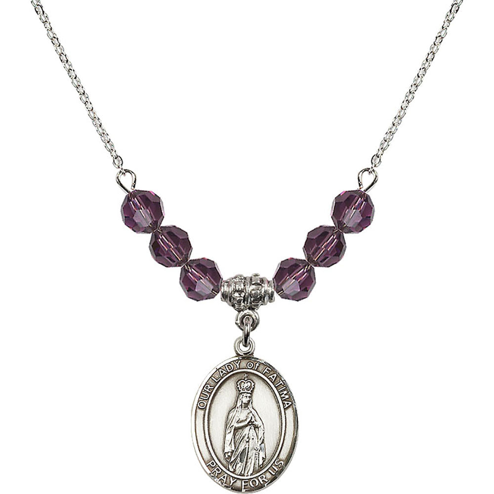 Sterling Silver Our Lady of Fatima Birthstone Necklace with Amethyst Beads - 8205