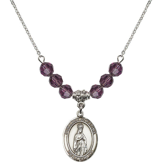Sterling Silver Our Lady of Fatima Birthstone Necklace with Amethyst Beads - 8205