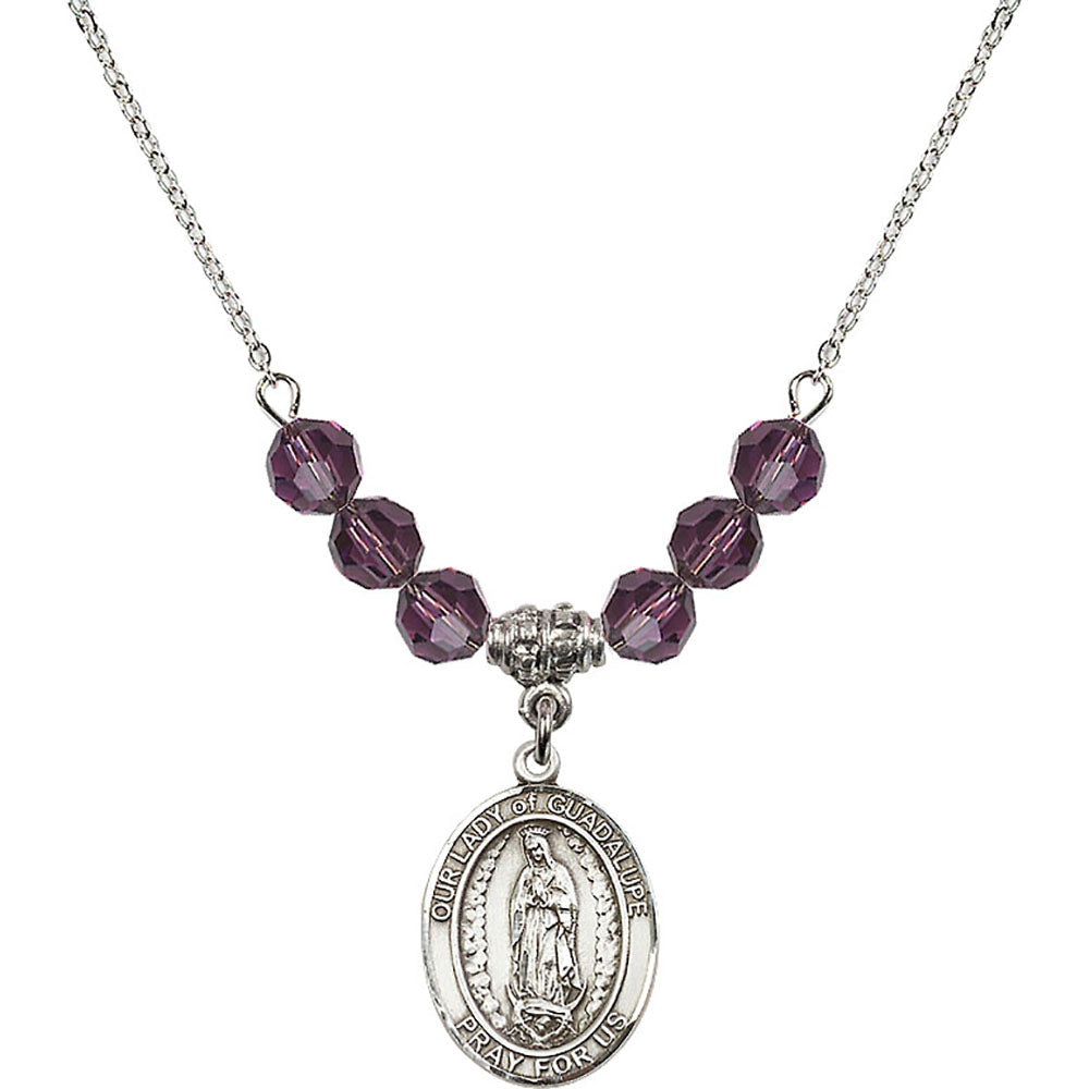 Sterling Silver Our Lady of Guadalupe Birthstone Necklace with Amethyst Beads - 8206