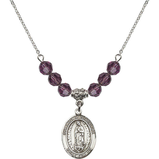 Sterling Silver Our Lady of Guadalupe Birthstone Necklace with Amethyst Beads - 8206