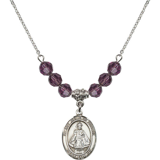 Sterling Silver Infant of Prague Birthstone Necklace with Amethyst Beads - 8207