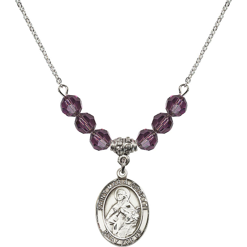 Sterling Silver Saint Maria Goretti Birthstone Necklace with Amethyst Beads - 8208
